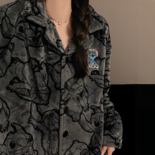 ins韩国史迪奇珊瑚绒冬漫画睡衣