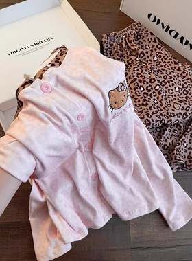Sin Glee 软糯可爱kitty猫豹纹睡衣女秋冬亲肤德绒保暖休闲居家服