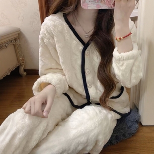 韩系小香风珊瑚绒睡衣女秋冬季 加厚加绒甜美简约法兰绒家居服套装