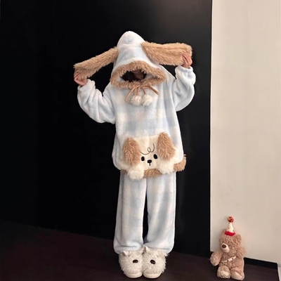 可爱卡通珊瑚绒睡衣女冬2025连帽