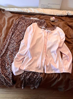 Sin Glee HelloKitty豹纹拼接德绒睡衣女秋冬可爱长袖长裤居家服