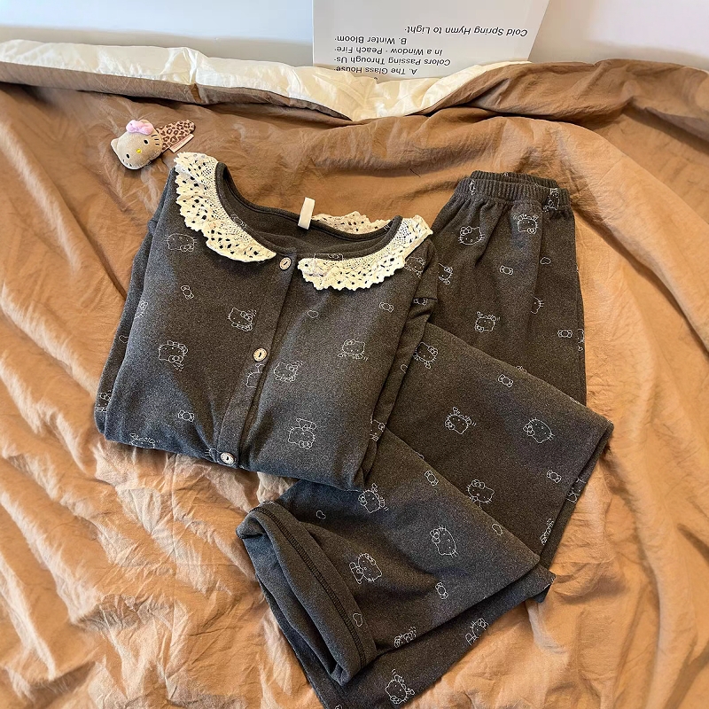 可爱kitty猫带胸垫德绒睡衣女冬
