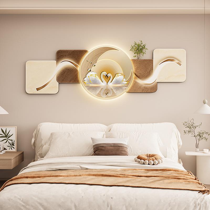 现代简约卧室装饰画LED灯横幅主卧背景墙侘寂风高级感创意挂画