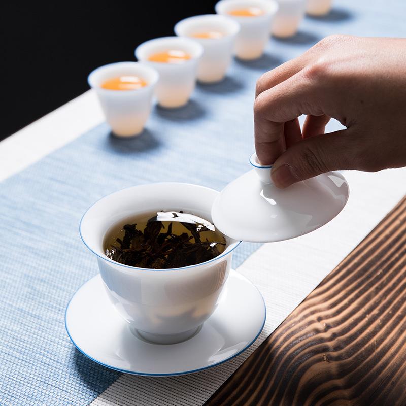 德化白瓷玉泥简约蓝边陶瓷盖碗大号仿古功夫三才茶碗敬茶杯不烫手