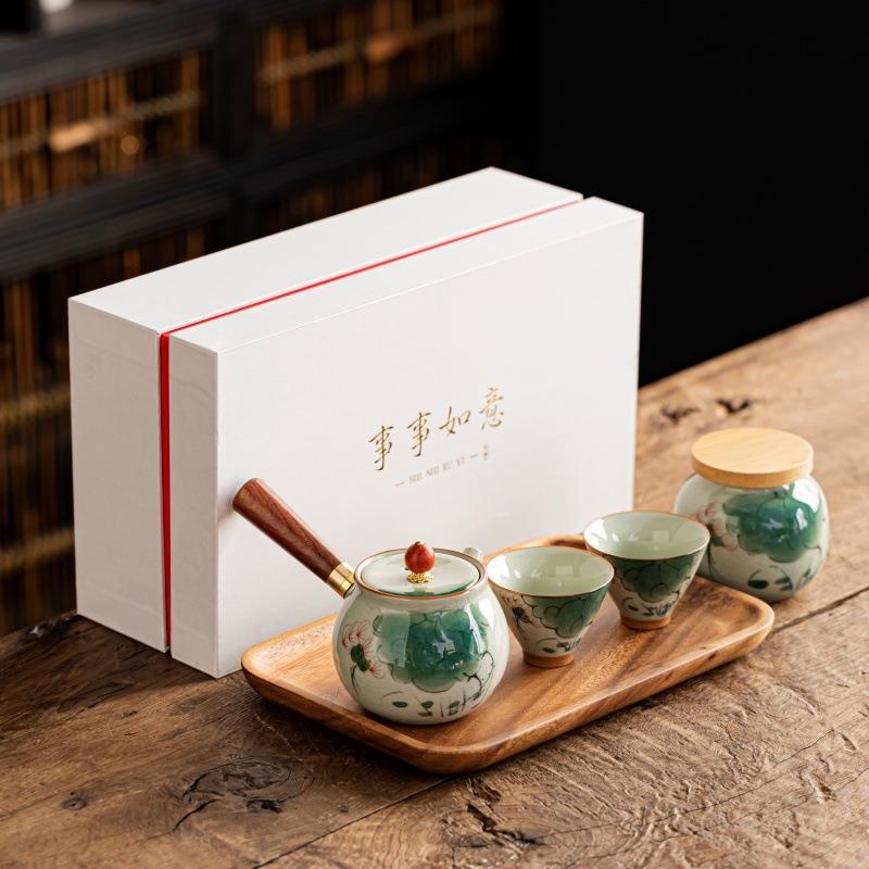 哥窑茶壶茶杯茶盘小套家用茶具整套手绘侧把泡茶壶陶瓷功夫茶具礼