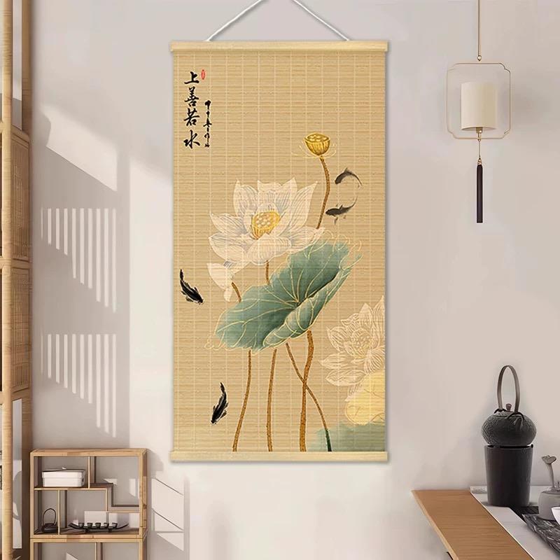 中式荷花竹帘卷轴挂画办公室茶室书房装饰画民宿挂帘玄关客厅壁画图片