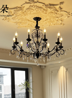 飞朵法式轻奢蜡烛水晶吊灯客厅复古风黑色大气餐厅房间主灯中古灯