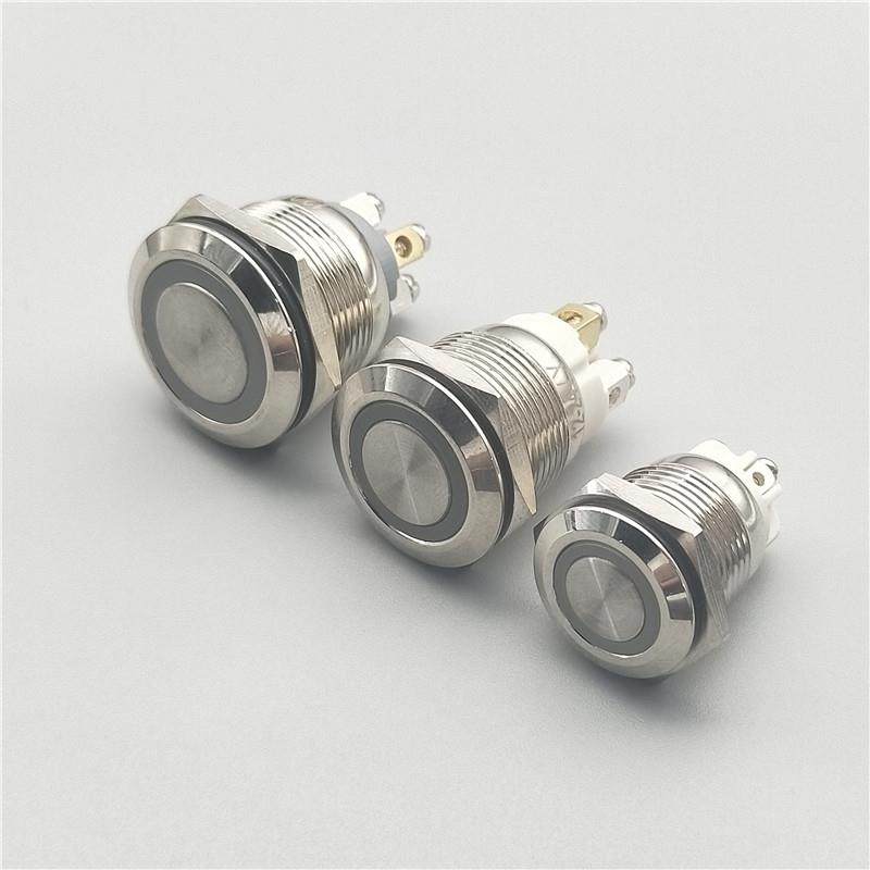 自锁复位16 19 22mm金属按钮开关防溅水圆形平头四螺丝脚带LED灯