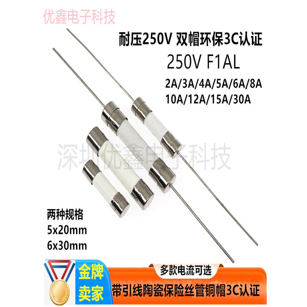 5*20mm/6*30mm带引线脚陶瓷保险丝管快断F0.5A/1A/5A/10A-30A250V