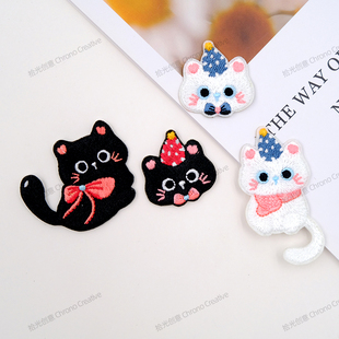 猫咪刺绣布贴可爱黑色白色猫diy服装 饰自粘补丁贴 背包修补手账装