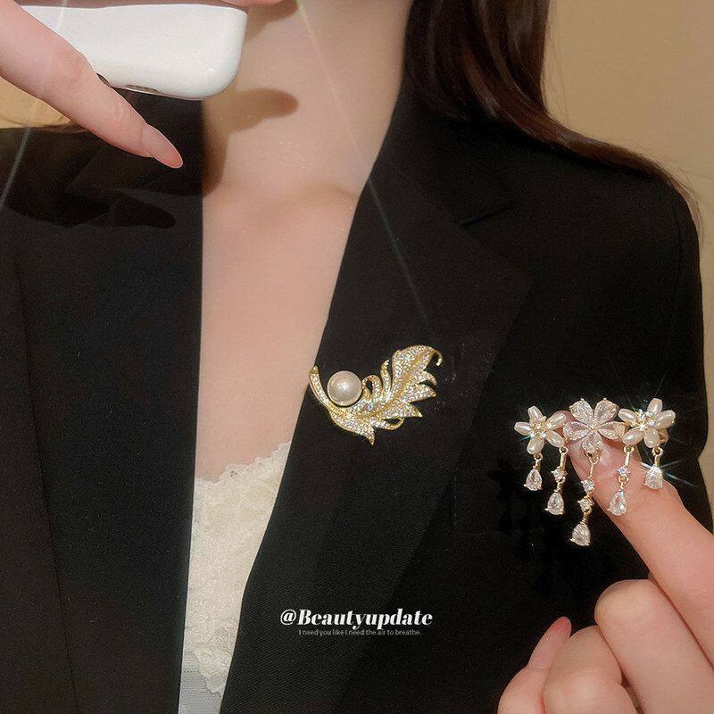 精致真金朵别针优雅14k配饰高级感电镀女轻奢胸针锆石珍珠重工花