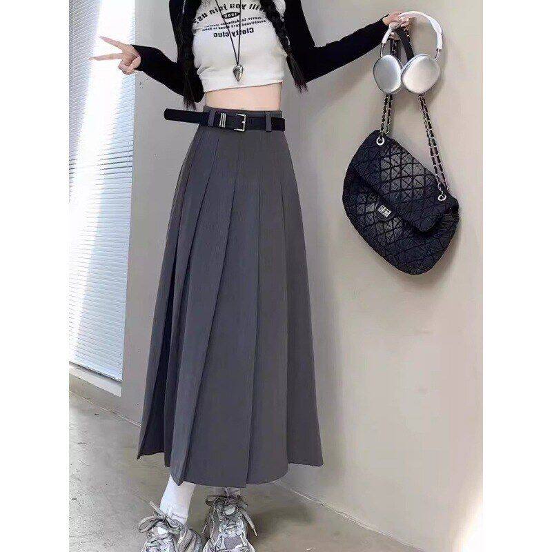 高腰百褶裙西装新款春秋中长款字小个子半身裙女2025灰色高级感a