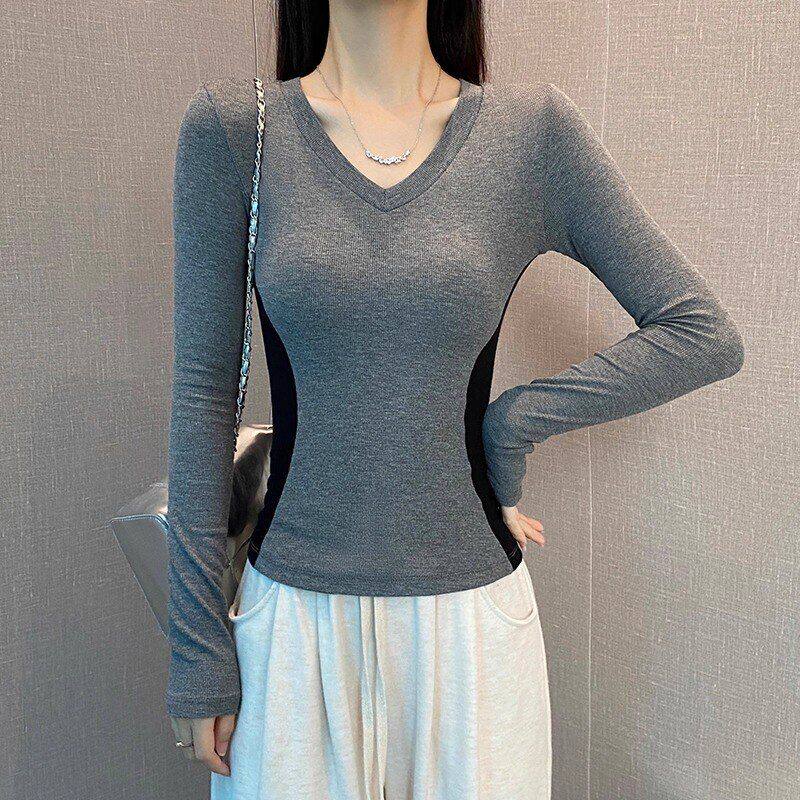 肩女修身美式长袖小众甜设计感领正收腰上衣T恤辣妹撞色v显瘦秋季