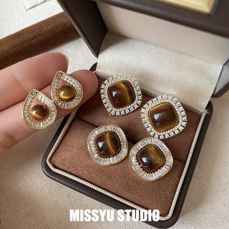 耳饰树脂!复古风耳钉复古轻奢棕韵法式虎眼石菱形耳环高级感锆石
