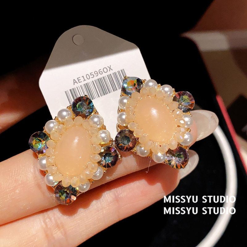锆石粉色耳钉轻奢菱形耳畔高级感耳环小众新中式耳饰女霞语气质!