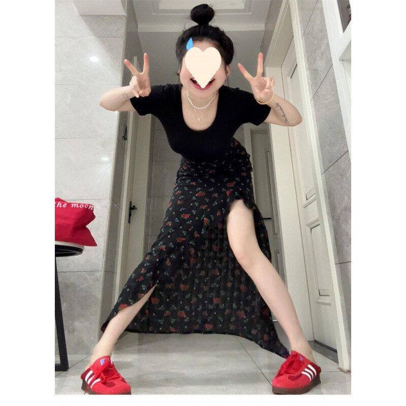 半身裙a碎花黑色长裙小个子高腰开叉不规则新款法式字2025女夏季
