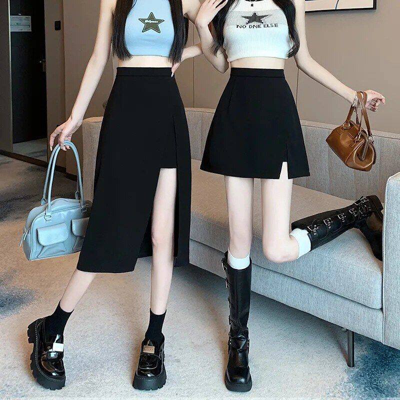 半身裙2025短裙高腰A女夏不规则开叉字裙中长款安全裤黑色裙子