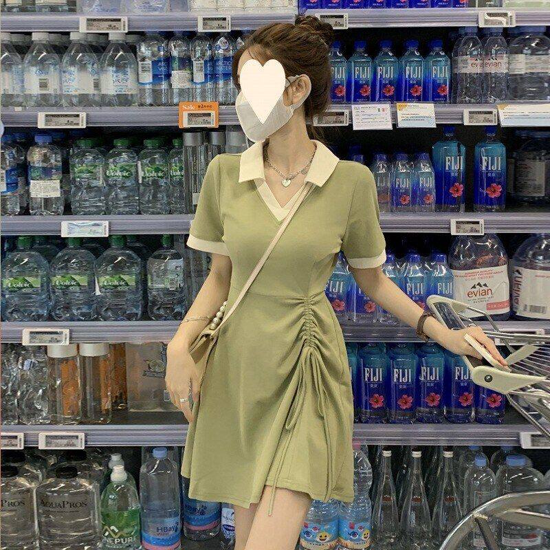 t恤领夏季绿色小众设计感裙子连衣裙p女收腰显瘦休闲抽绳修身olo