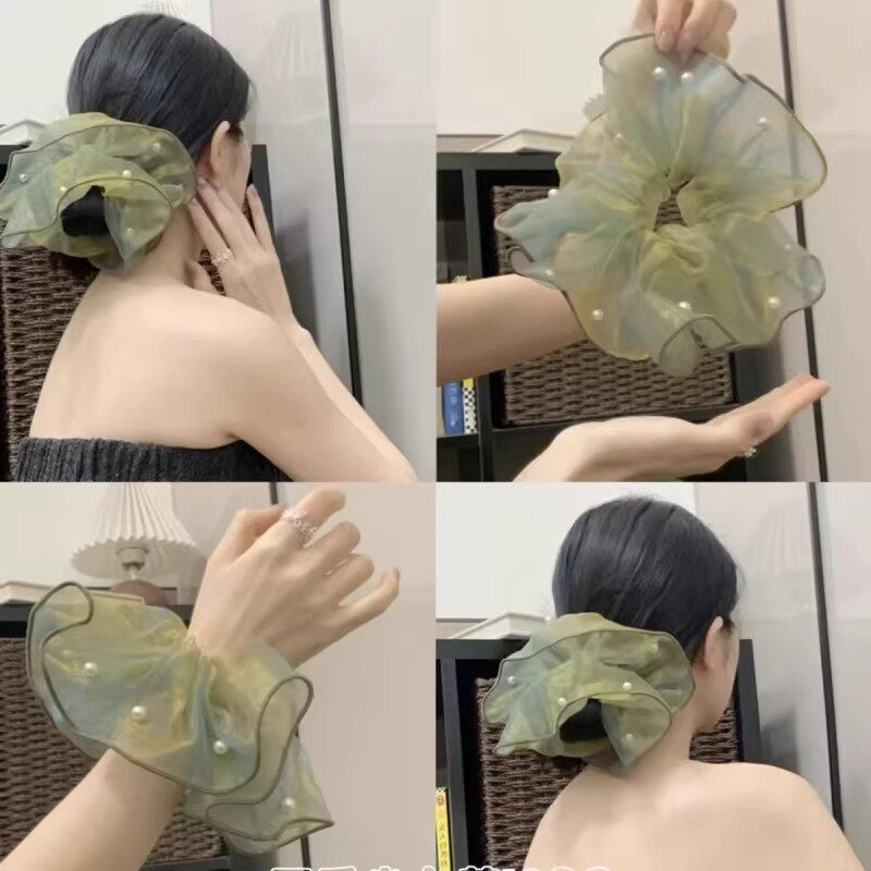 初春感人鱼色薄荷绿流光纱钉珠发圈高颜值爆款后脑勺盘发法式高级图片