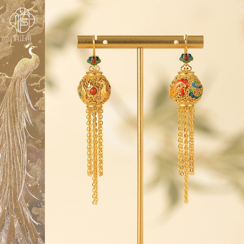 鸾凤和鸣纯银鎏金耳钩非遗花丝镂空流苏绣球新中式国风耳饰银耳坠,饰品/流行首饰/时尚饰品新,耳环,淘宝优惠券,粉丝福利购,淘宝优惠卷