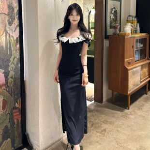 法式 蕾丝一字肩收开叉纯欲风长裙 小飞袖 拼接连衣裙辣妹新款