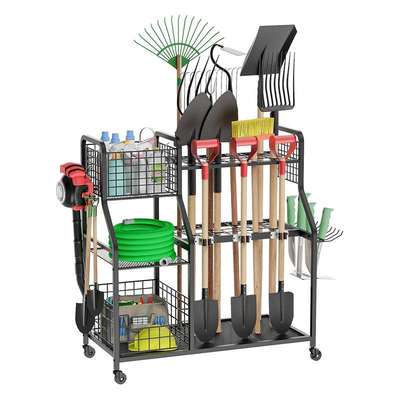 园林工具收纳架车库农具工具整理置物架可移动多用途农场铁铲架