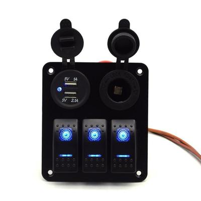 3位船型开关面板配双USB车载充电器12V电源母座5PON-OFF双灯