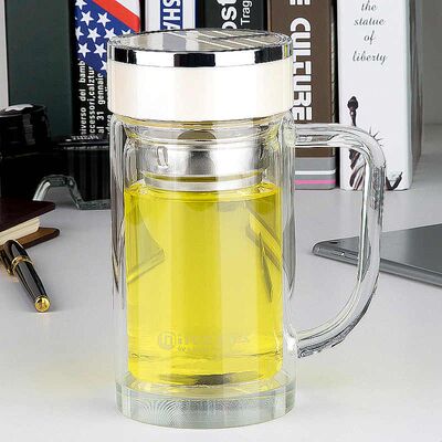 明霞双层耐高温玻璃杯过滤男茶杯带盖把手家用便携杯子大容量500