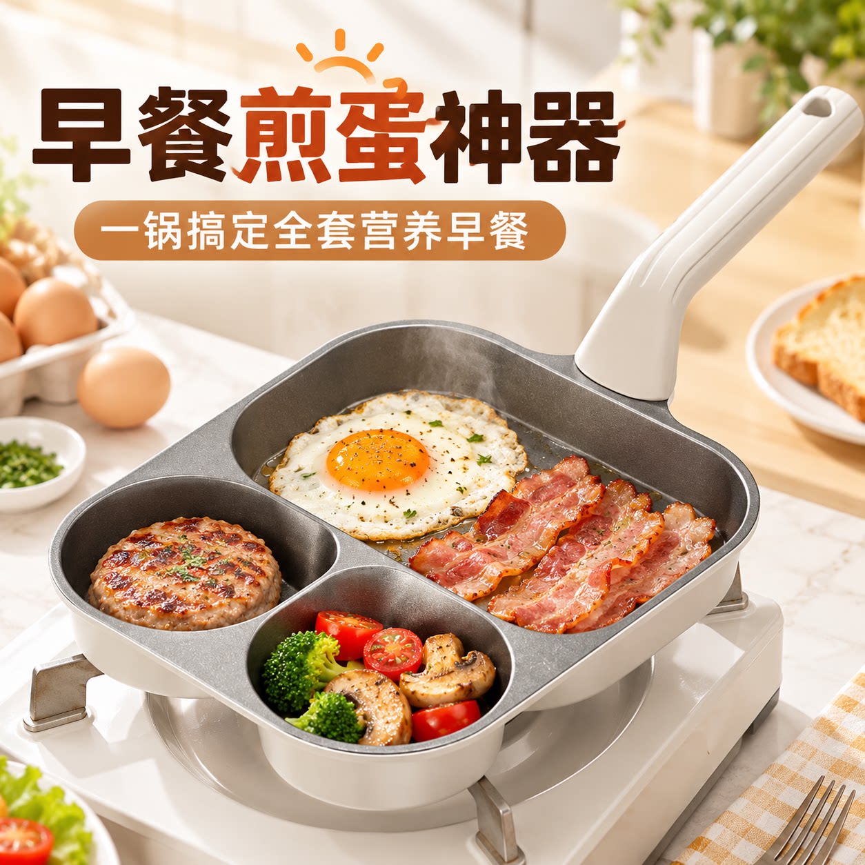 钛三合一煎蛋神器早餐锅平底煎锅不粘锅鸡蛋汉堡锅家用煎饼牛排锅