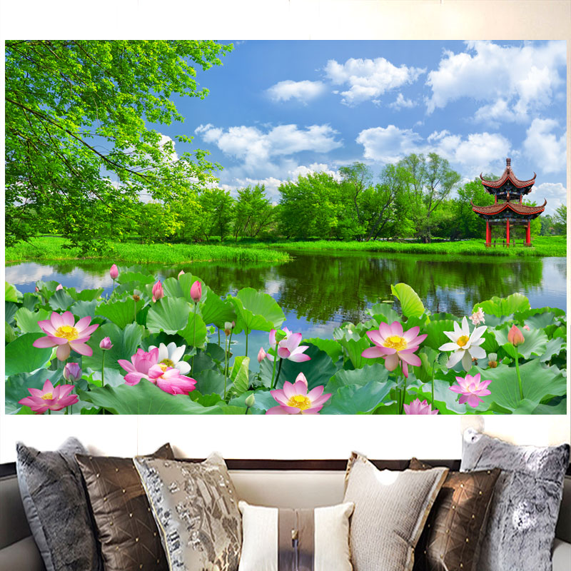 人间仙境客厅沙发背景墙海报装饰画荷花绿树蓝天白云山水画自粘画图片