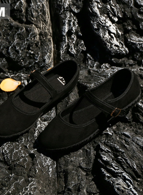 J·M（服装鞋帽）欧美复古风黑色玛丽珍鞋女一字带扣平底单鞋百搭