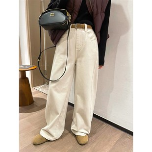 爱情魔鬼鱼 杏色高腰薄绒牛仔阔腿裤女2024秋冬宽松休闲裤长裤子