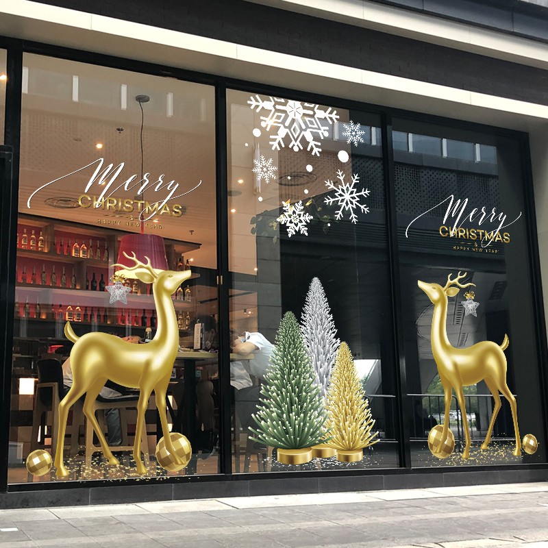 圣诞节麋鹿装饰静电贴纸商场入口酒店玻璃门4S店落地幕墙橱窗贴画图片
