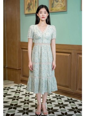 固执新款法式v领碎花短袖中长连衣裙43012LQ06599 8.15