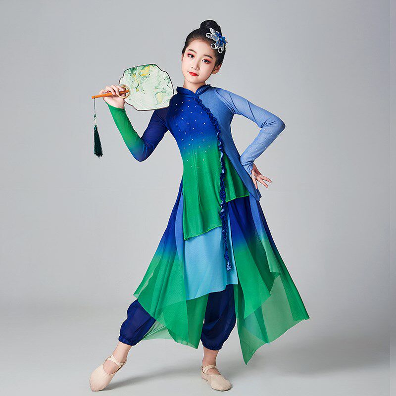 儿童一条大河舞蹈演出服桃李杯蓝色渐变色女子群舞艺考扇子表演服