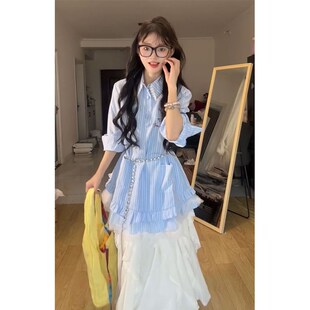 学院风蕾丝拼接蓝色条纹翻领衬衫连衣裙+白色半身裙女生两件套装