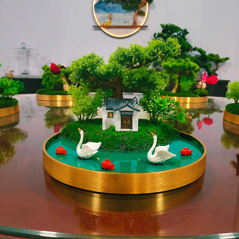 30cm小圆桌中间摆件桌面装饰造景桌芯景观迎客松山水画大圆桌摆花