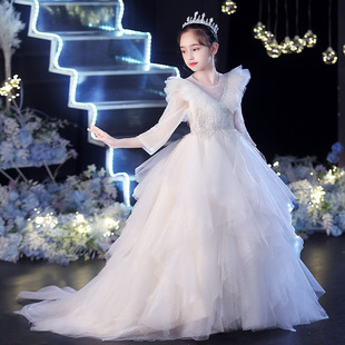 花童婚礼小女孩拖尾礼服女大童公主裙高端大气小主持人钢琴演出服