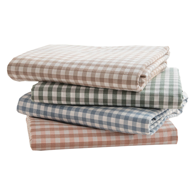 日式单件水洗棉床单 纯棉床笠被单人 双人床罩简约格子条纹不起球