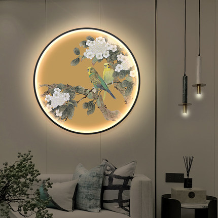 新中式禅意花鸟圆形装饰画带灯客厅玄关LED发光挂画茶室餐厅壁灯