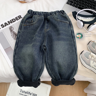 男童加绒牛仔裤儿童柔软一体绒裤子2023秋冬新款中童休闲长裤百搭