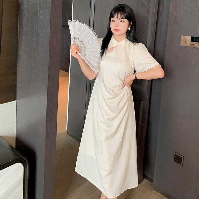 胖妹妹新中式提花肌理感旗袍裙女2024夏季新款镂空珍珠花边连衣裙