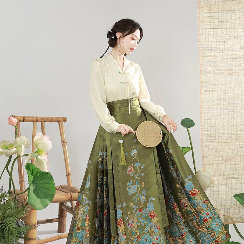 【莺啼花影】新中式轻国风绿色马面裙套装女高级感改良汉服春秋