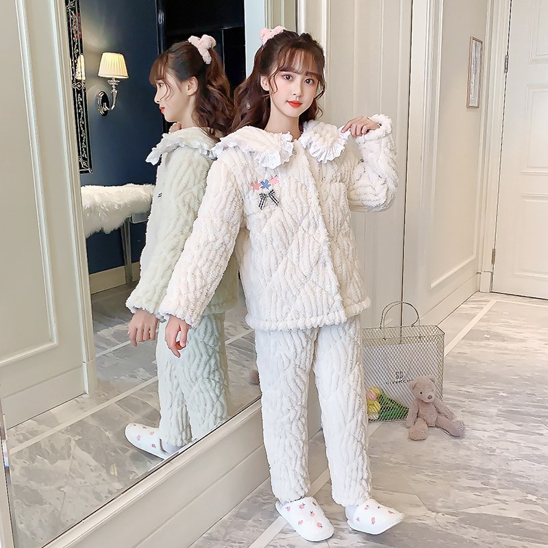 儿童睡衣冬季加厚款三层夹棉女童小孩珊瑚绒法兰绒花边保暖家居服