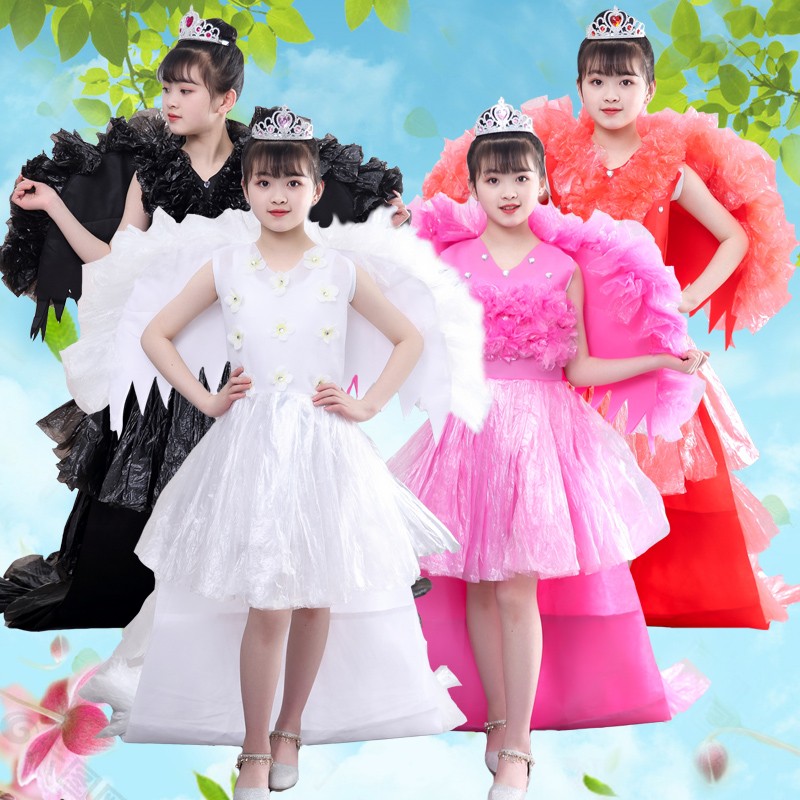 环保服装儿童时装秀幼儿园手工材料diy亲子装走秀拖尾表演出服装