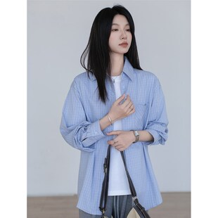 浅蓝色格子衬衫上衣女2025早春百搭宽松休闲气质小个子长袖衬衣
