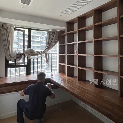 蜀木创艺满墙书架定制转角书桌柜子书架定制一连体实木学习办公桌