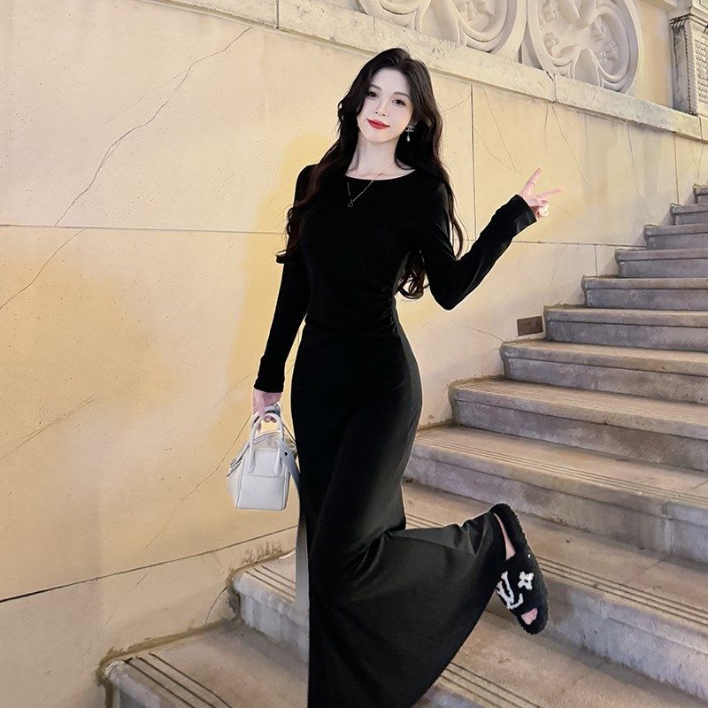 法式长袖黑色莫代棉连衣裙女2024秋冬收腰显瘦垂坠感长裙过膝裙子,女装/女士精品,连衣裙,淘宝优惠券,粉丝福利购,淘宝优惠卷