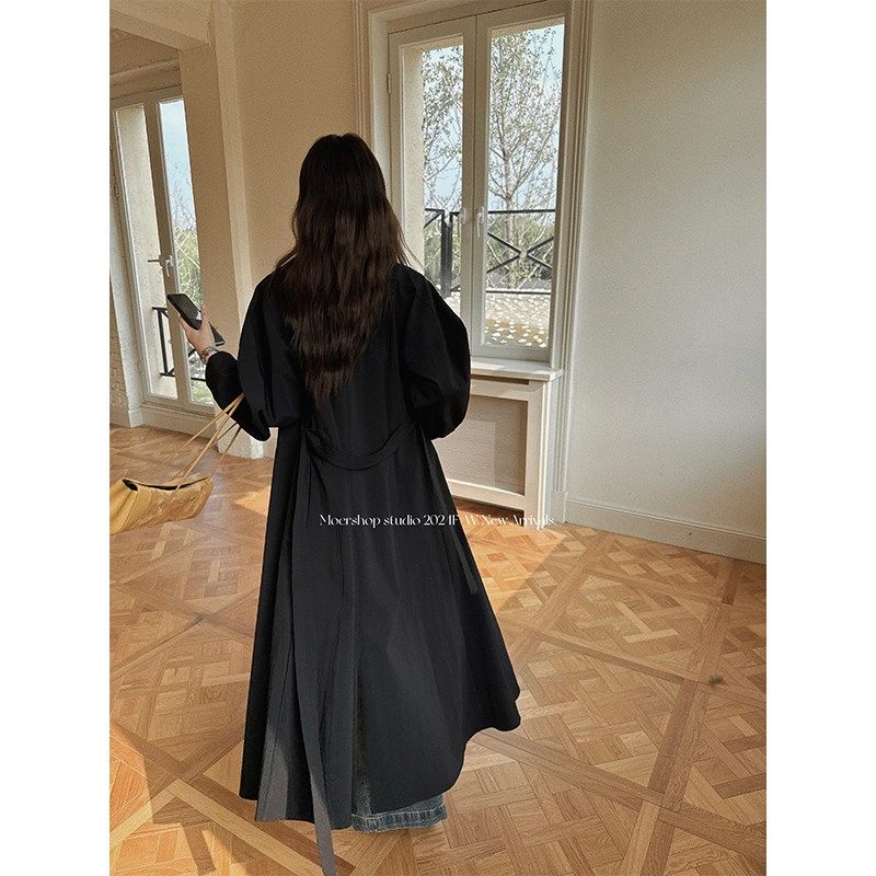 MOERSHOP 风格切换器 黑色锦纶风衣式衬衫连衣裙女冬季内搭长裙子
