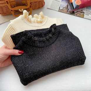 女童毛衣秋冬款2024新款洋气小童半高领弹力打底衫白色黑色带亮闪